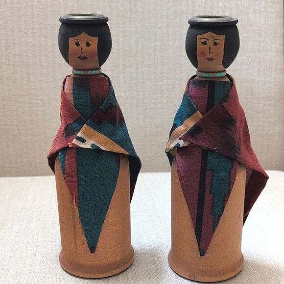 Handcrafted Solid Wood Native American Women Taper Candleholders Set of 2 - Picture 1 of 12